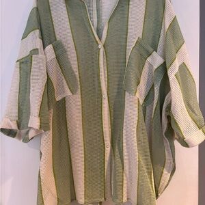 Urban Outfitters Green and Cream Cabana Striped Button-Up Shirt